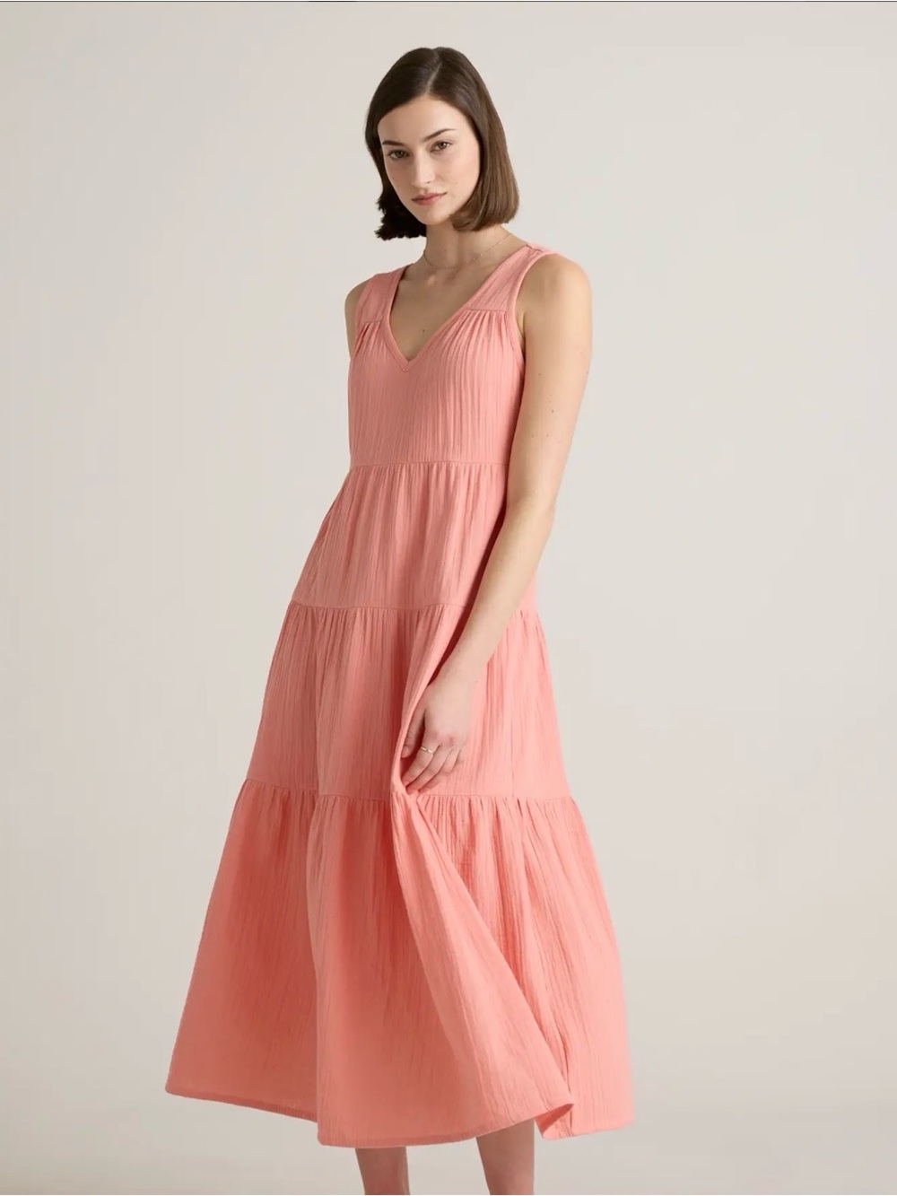Quince 100% Organic Cotton Gauze Tiered Maxi in Coral Blush